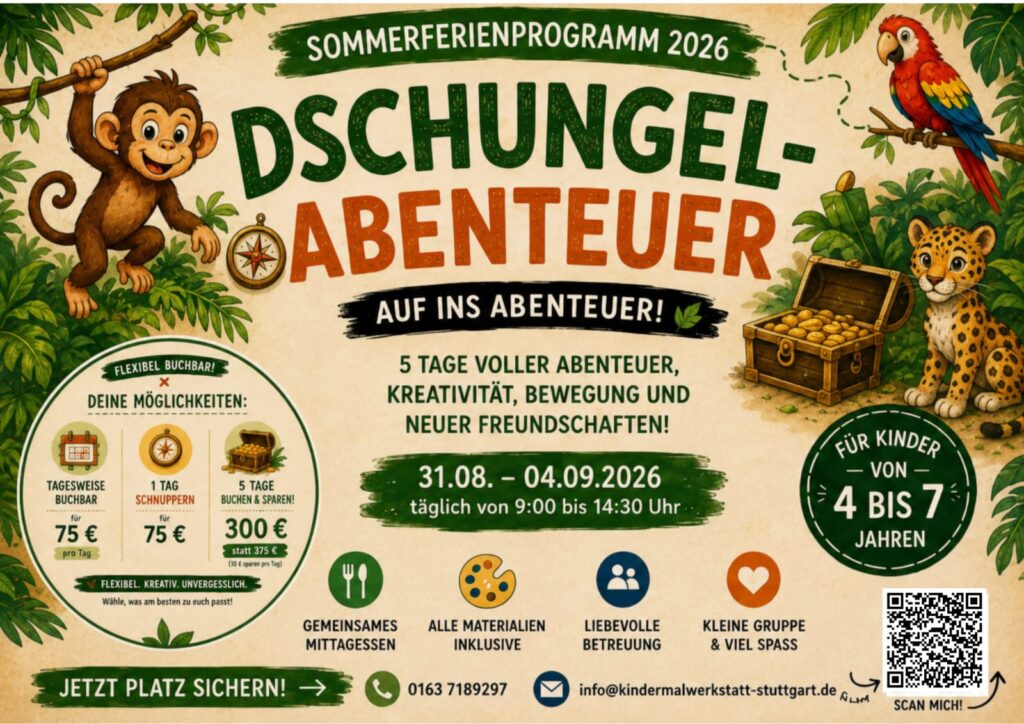 Informationsblatt zum Ferienprogramm der Dschungel Woche mit einem Äffchen, einem Leopard, einem Papagei und einem Dschungelschatz in einem grünen Dschungel