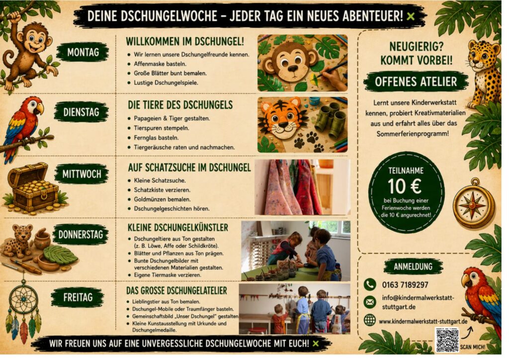 Informationsblatt zum Ferienprogramm der Dschungel Woche mit Bildern von gebastelten Affen, Leoparden und kreativ tätigen Kindern mit Informationen zum Event