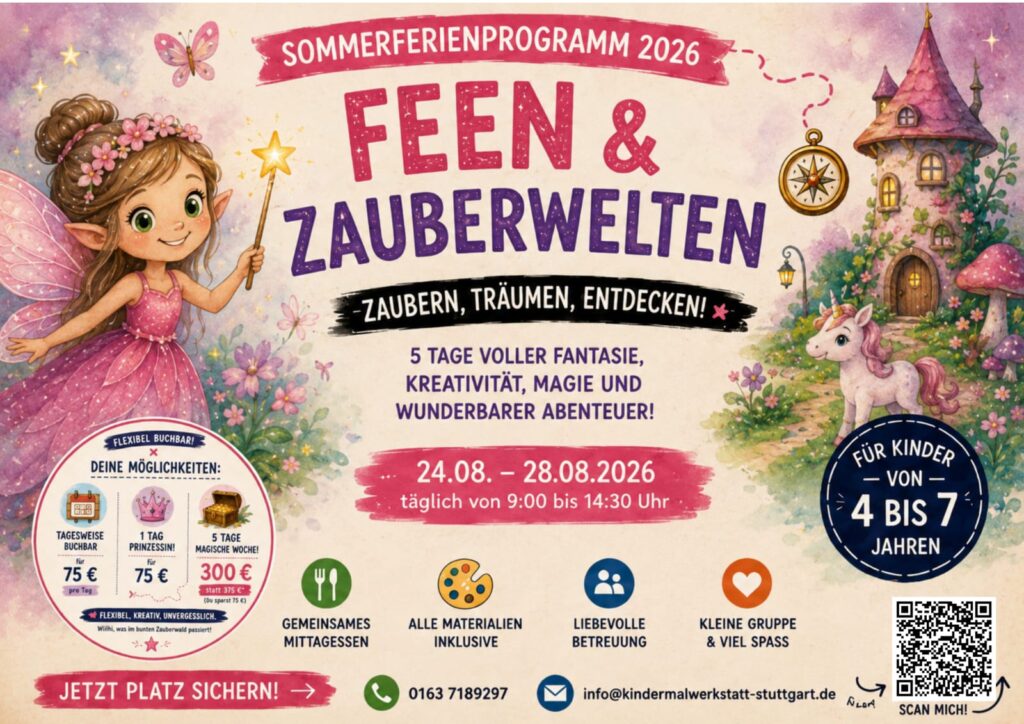 Informationsblatt zum Ferienprogramm der Feen und Zauberwelten Woche mit einer zauberhaften Feen, einem Schmetterling, einem Zauberturm und einem Einhorn in einem pink magischen Setting