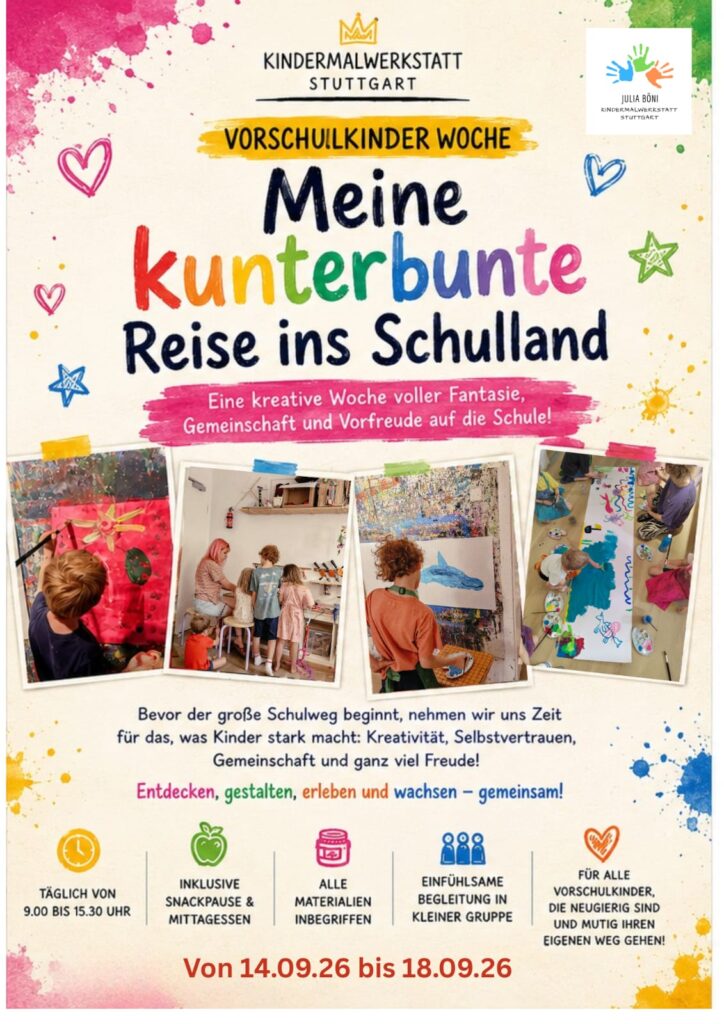 Informationsblatt zum Ferienprogramm der Vorschulkinder Woche mit bunten Buchstaben, malenden und bastelnden Kindern, sowie Herz und Sternsymbole