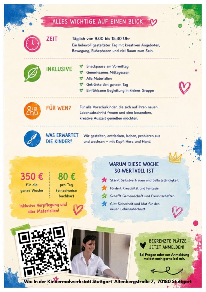 Informationsblatt zum Ferienprogramm der Vorschulkinder Woche mit einem Bild der Inhaberin, Angaben zu Zeit, Ort und für wen das Event geeignet ist, sowie Preisen und einem QR-Code