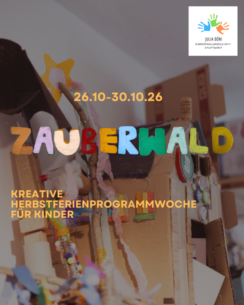 Zauberwelt Ferienprogramm in farbigen Buchstaben auf einem Bastelkunstwerkhintergrund eines Kinderkunstwerkes